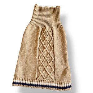 Tan Cable Knit Dog Sweater w Blue & White Stripes & Turtleneck